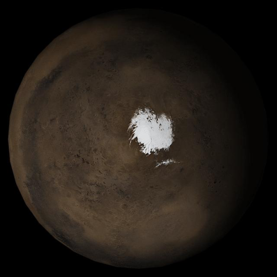 En julio de 2018 se reveló la probable presencia de un gran lago líquido bajo el hielo del polo sur de Marte., algo apoyado por otros estudios posteriores. Crédito: NASA/JPL/Malin Space Science Systems.