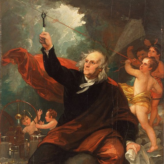 Representación del experimento de la cometa de Benjamin Franklin. Fuente: Wikimedia