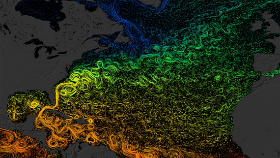 BBVA-OpenMind-Yanes-Asi funcionan las corrientes que regulan el clima_2 A pesar del aspecto inmóvil de los océanos en las fotos desde el espacio, en realidad la masa de agua salada que cubre el 71% del planeta está moviéndose constantemente. Crédito: NASA/Goddard Space Flight Center/Scientific Visualization Studio.