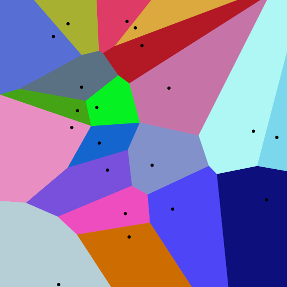 BBVA-OpenMind-Yanes-Escutoides la geometria de las celulas_1 Los llamados diagramas de Voronoi son teselas de mosaicos irregulares, de modo que cada tesela comprende todos los puntos del plano más próximos al llamado punto “semilla” de esa tesela que a los de otras. Crédito: Balu Ertl / CC BY-SA 4.0